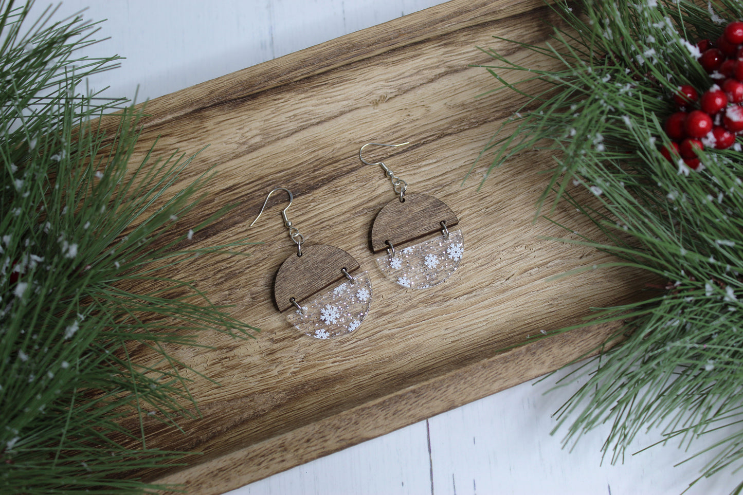 Snowflake Wood and Acrylic Earrings