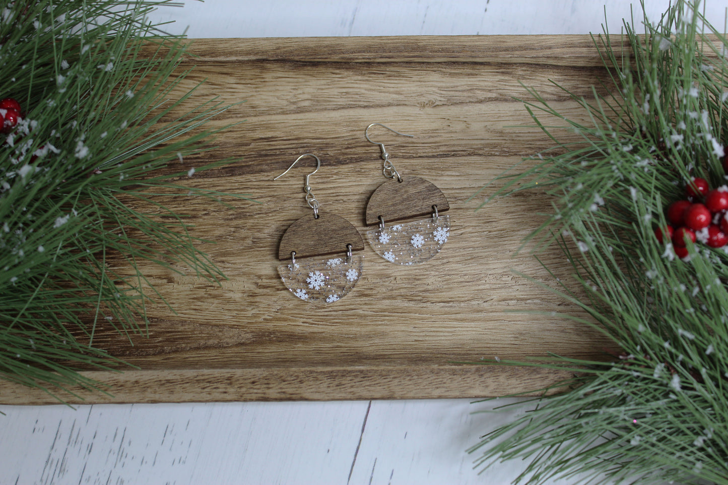 Snowflake Wood and Acrylic Earrings