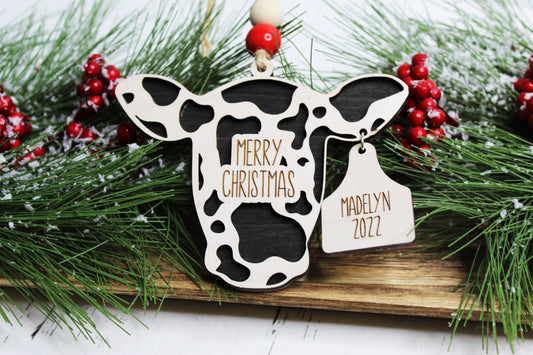 Personalized Merry Christmas Cow Ornament with Ear Tag