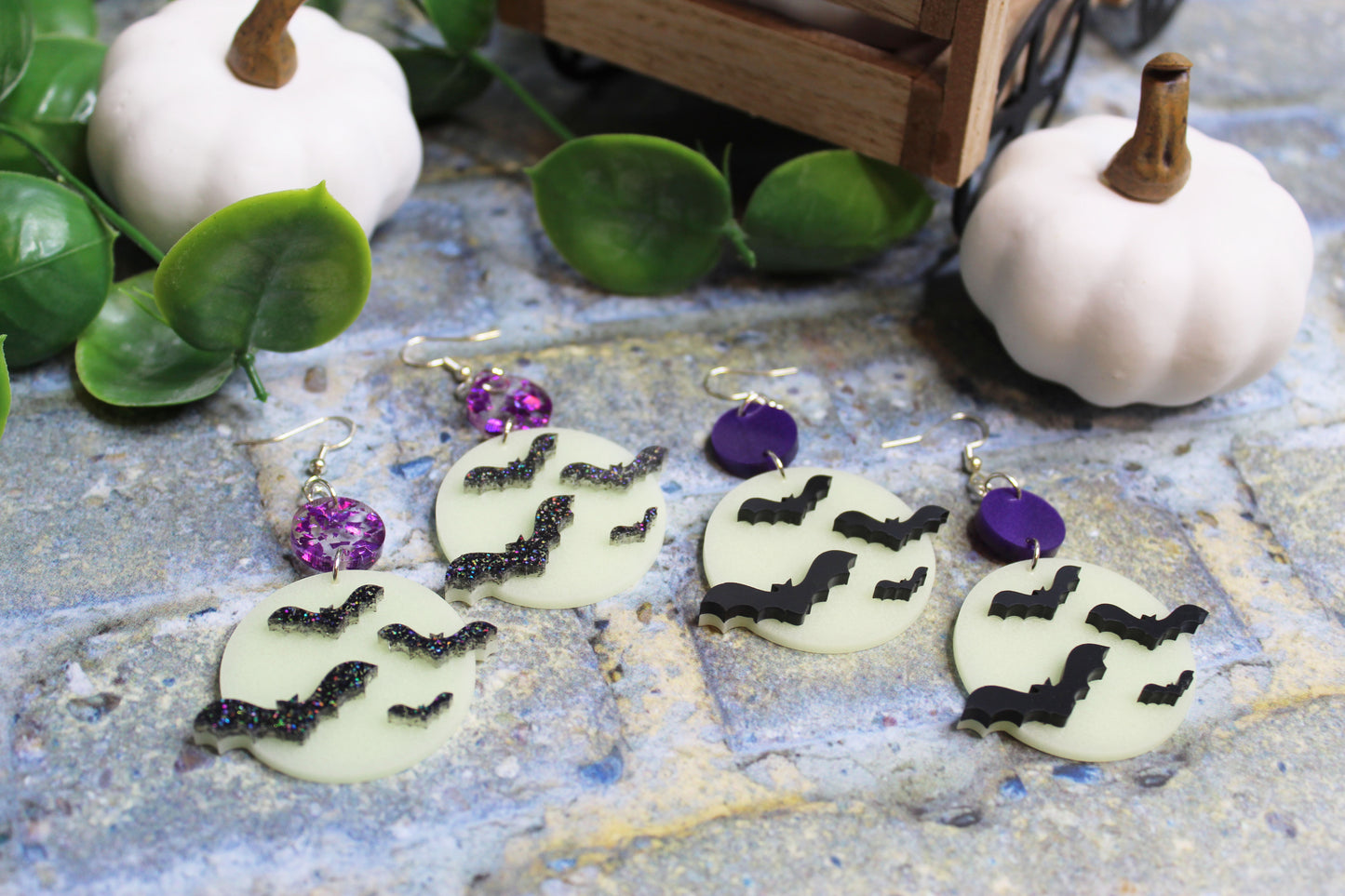 Glow In The Dark Full Moon and Bat Drop Earrings