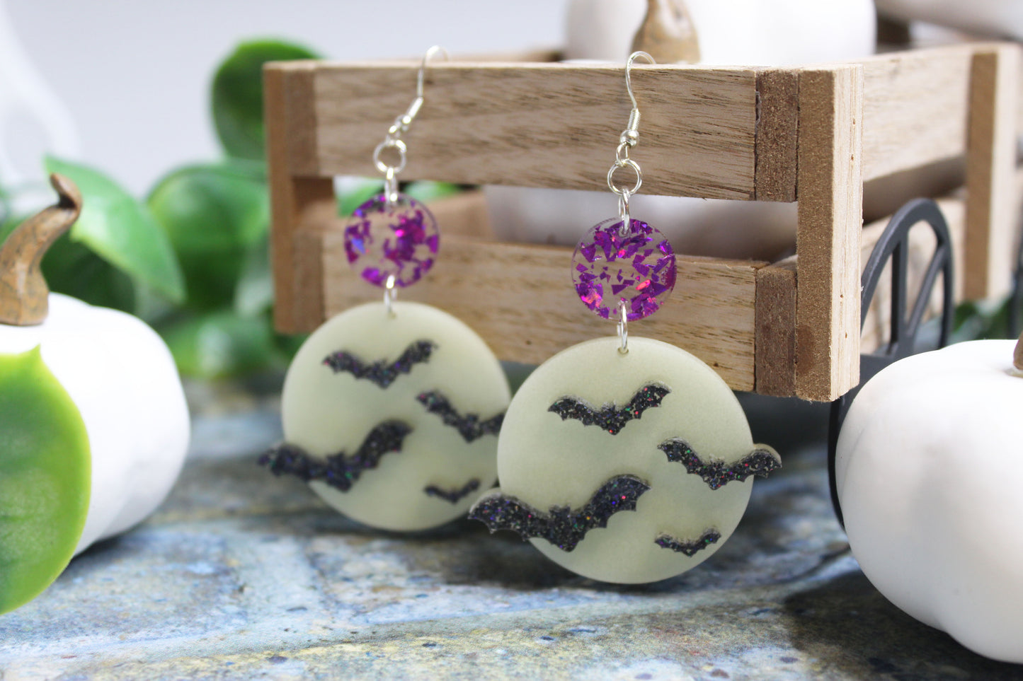 Glow In The Dark Full Moon and Bat Drop Earrings