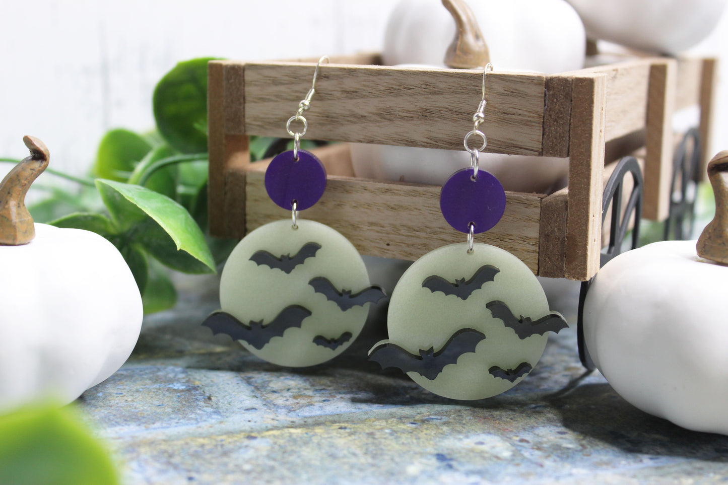 Glow In The Dark Full Moon and Bat Drop Earrings