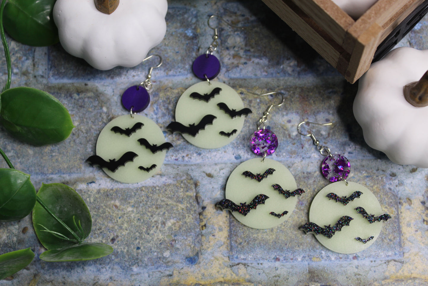 Glow In The Dark Full Moon and Bat Drop Earrings