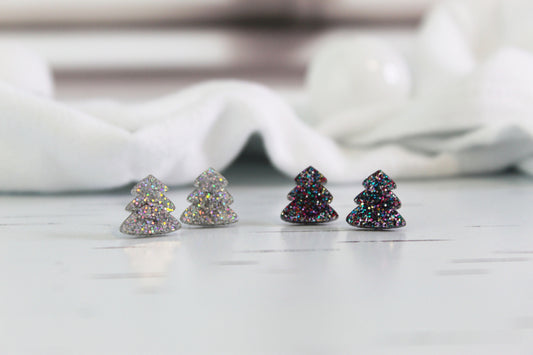 Holographic Glitter Christmas Tree Stud Earrings