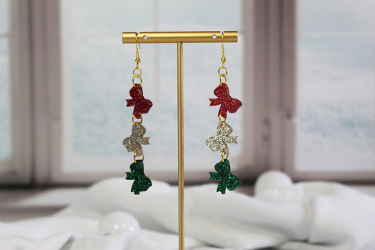 Glitter Christmas Bow Dangle Earrings