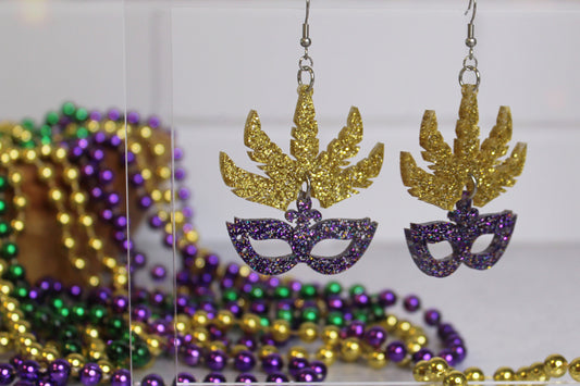 Purple and Gold Glitter Carnival Mask Dangle Earrings