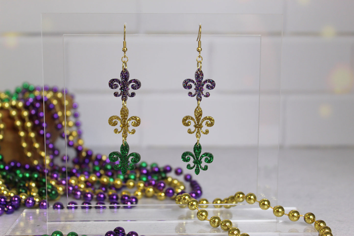 Purple, Gold and Green Glitter Fleur-de-lis Dangle Earrings