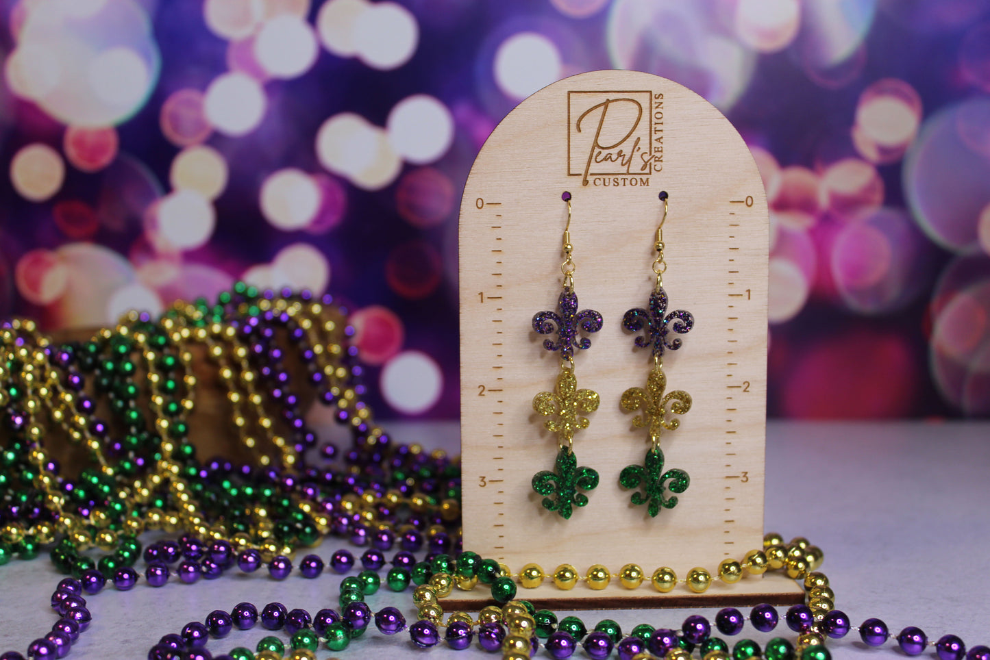 Purple, Gold and Green Glitter Fleur-de-lis Dangle Earrings