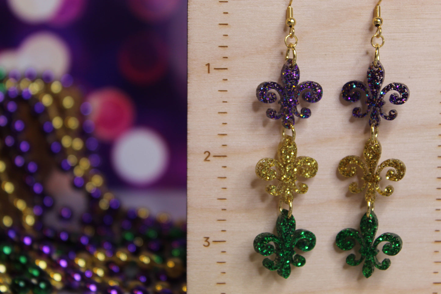 Purple, Gold and Green Glitter Fleur-de-lis Dangle Earrings