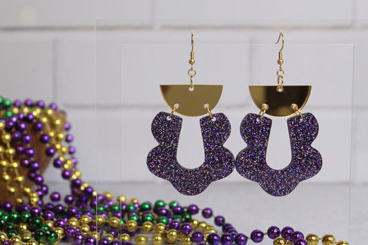 Purple and Gold Scalloped Mardi Gras Dangle Earrings