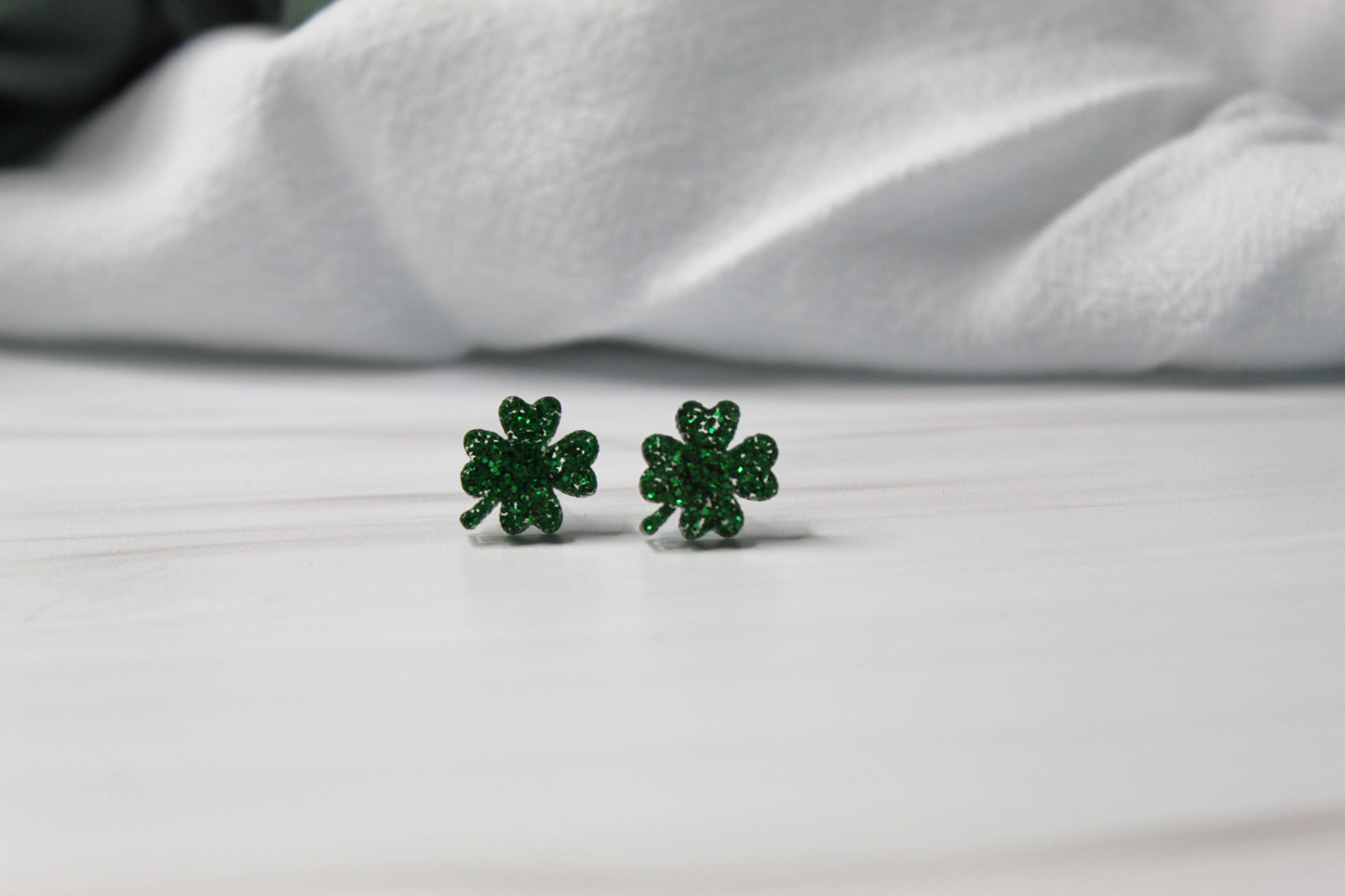 Green Glitter Clover Stud Earrings