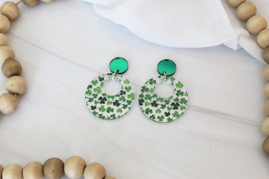 Customizable St. Patricks Day Clover Dangle Circle Earrings