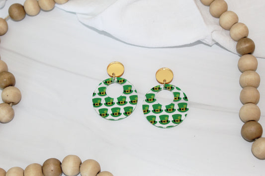 Customizable St. Patricks Day Leprechaun Hat Circle Dangle Earrings