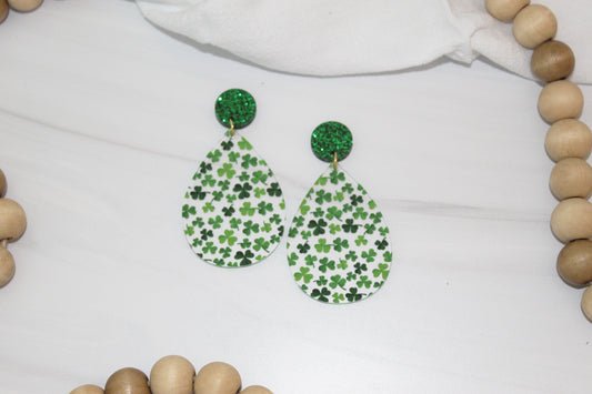 Customizable St. Patricks Day Clover Dangle Teardrop Earrings