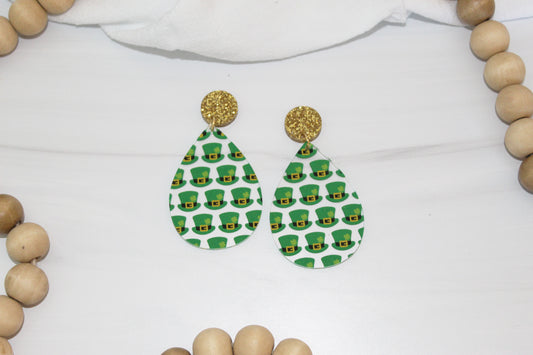 Customizable St. Patricks Day Leprechaun Hat Teardrop Dangle Earrings