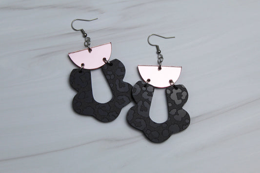 Black Leopard and Blush Scalloped Dangle Earrings