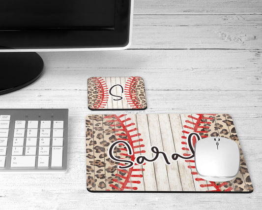 Personalized Leopard Print Baseball Mouse Pad