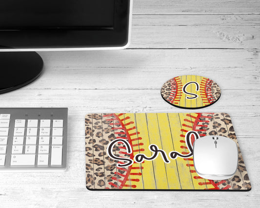 Personalized Leopard Print Softball Mouse Pad
