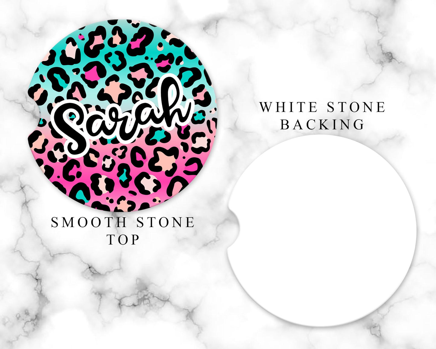 Personalized Pink and Teal Leopard Print Car Coasters