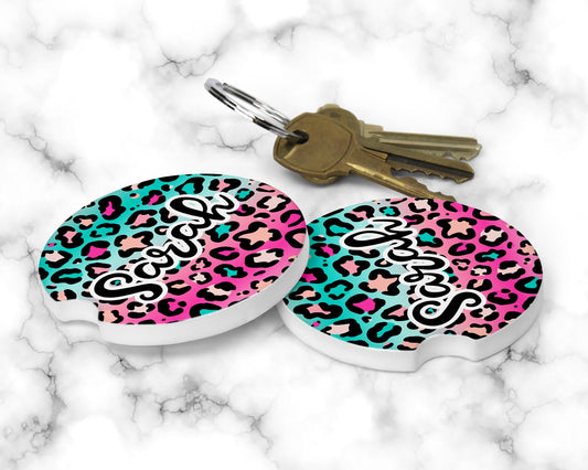 Personalized Pink and Teal Leopard Print Car Coasters