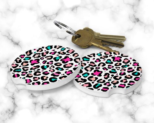 Teal and Pink Leopard Print Car Coasters