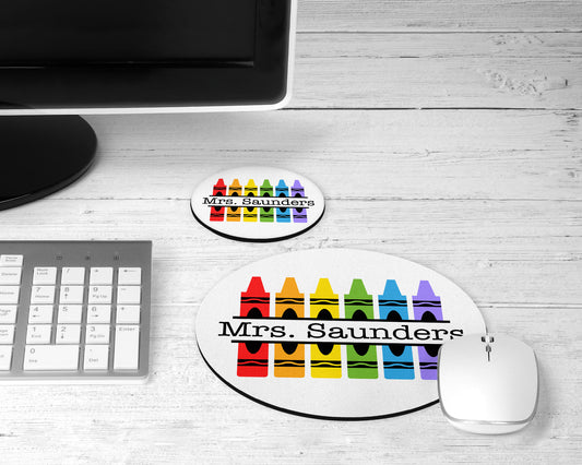 Personalized Crayon Teacher Mouse Pad & Coaster Set