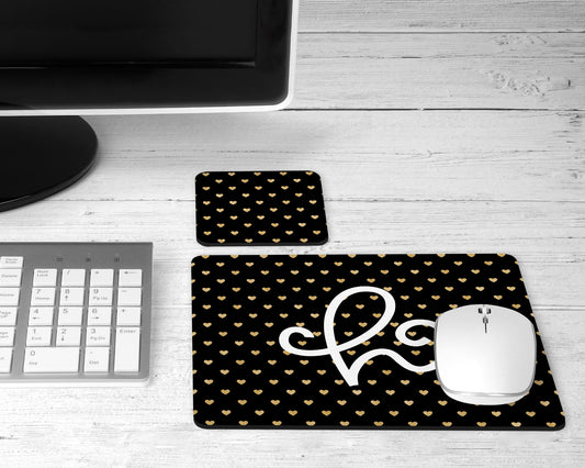 Personalized Black and Gold Heart Polka Dot Mouse Pad & Desk Set