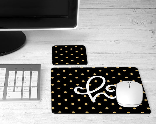 Personalized Black and Gold Polka Dot Mouse Pad & Desk Set
