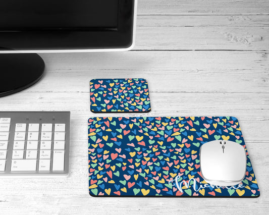Personalized Confetti Hearts Mouse Pad & Desk Set
