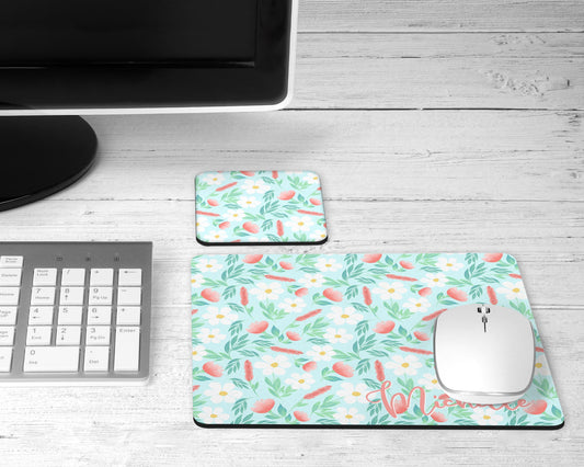 Personalized Mint Floral Mouse Pad & Desk Set