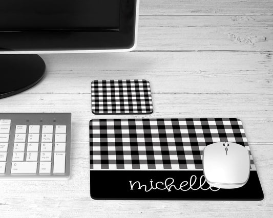 Personalized Black and White Buffalo Plaid Mouse Pad & Desk Set