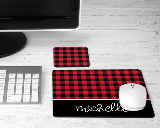 Personalized Red Buffalo Plaid Mouse Pad & Desk Set