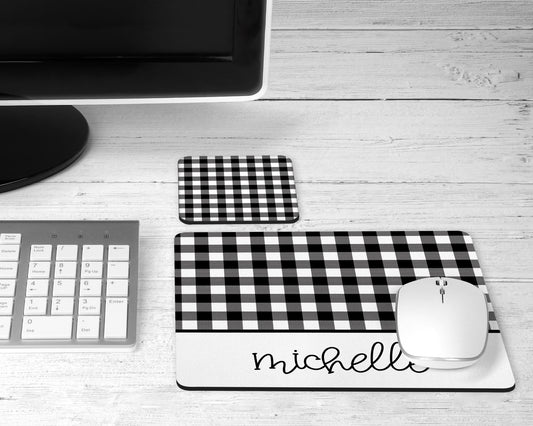 Personalized Black and White Buffalo Plaid Mouse Pad & Desk Set
