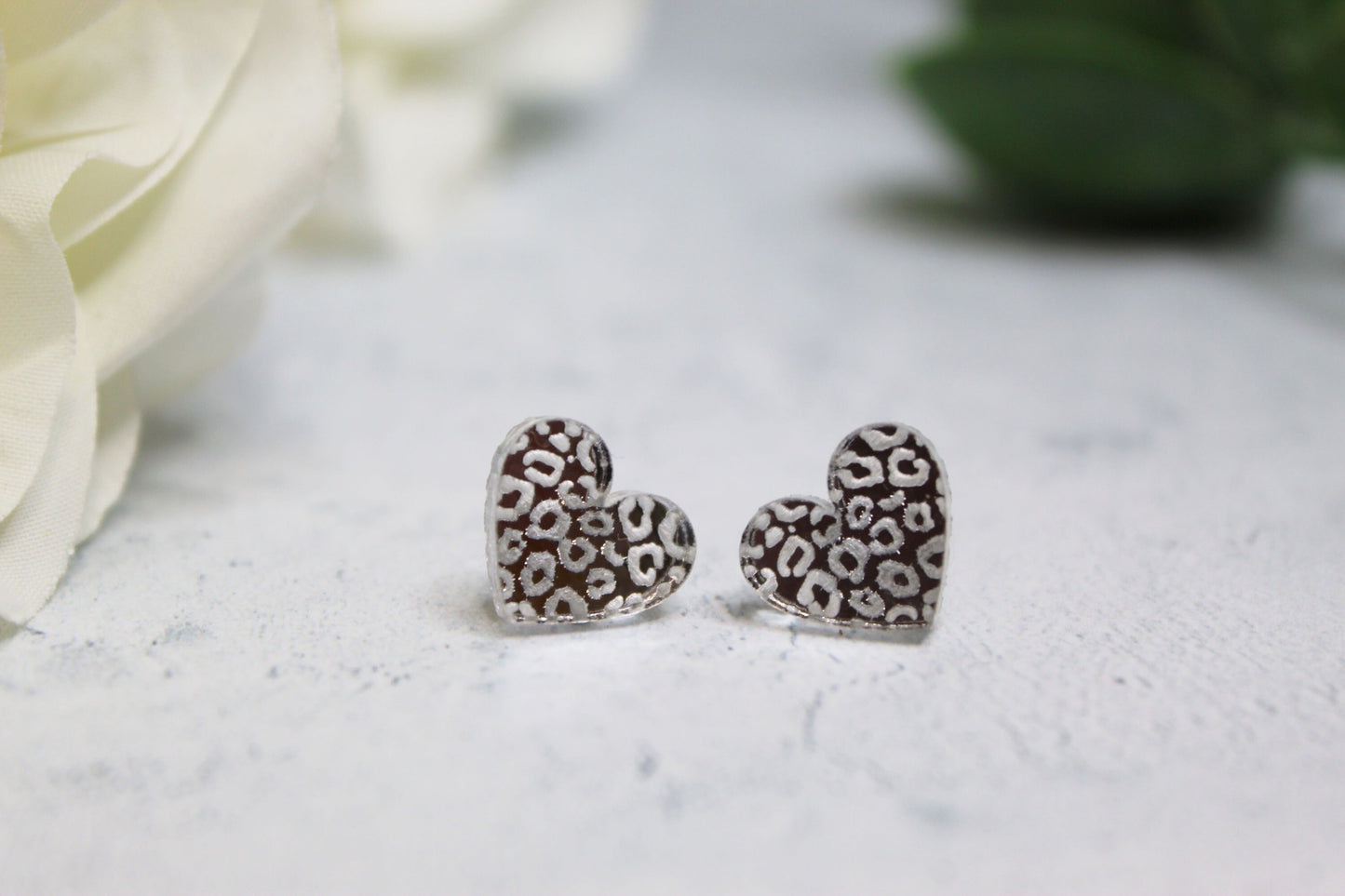 Leopard Print Mirror Heart Stud Earrings