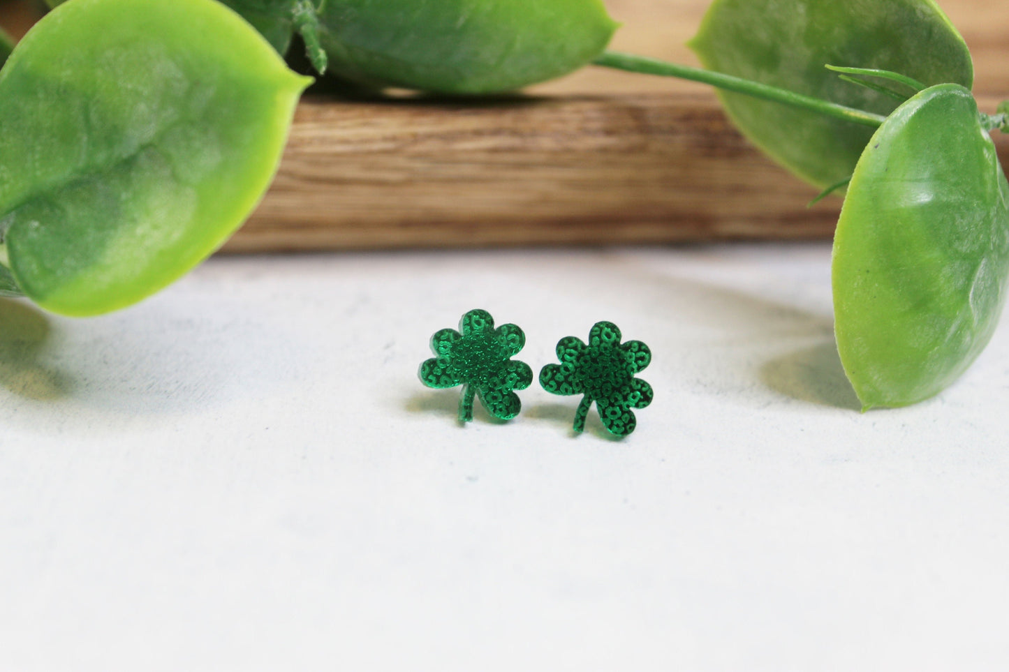 Green Clover Leopard Print Mirror Stud Earrings