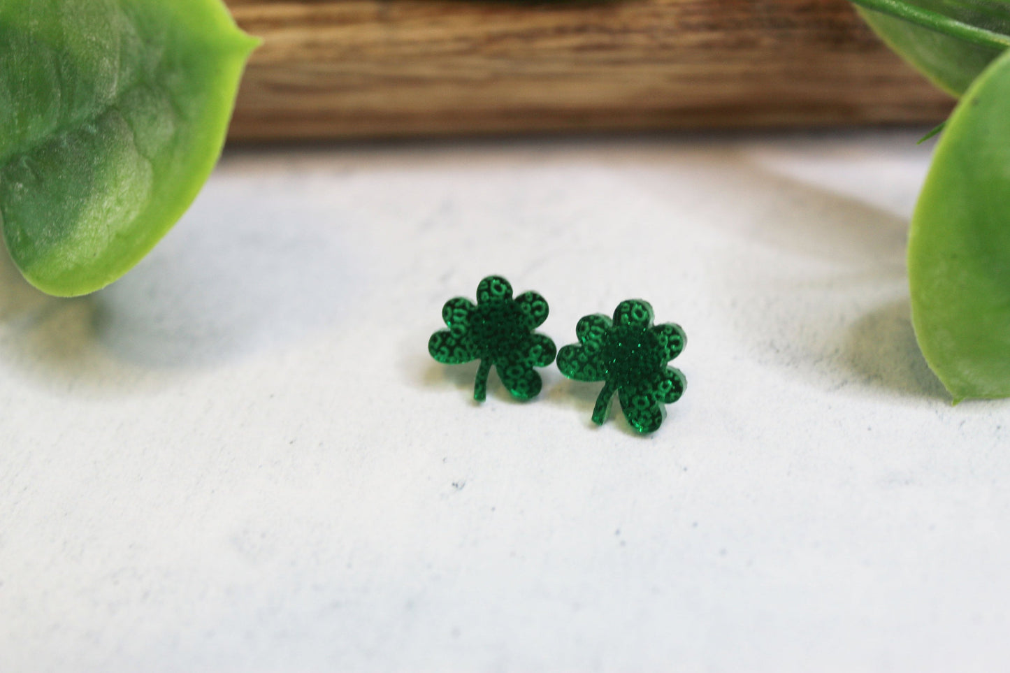 Green Clover Leopard Print Mirror Stud Earrings